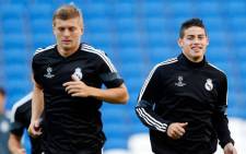 Real Madrid's Toni Kroos and James Rodriguez during training ahead of their Uefa Super Cup soccer match against Sevilla at Cardiff City Stadium. Picture: Facebook.com.