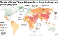 World map showing country rankings on press freedom compiled by Reporters without Borders. Picture: AFP.