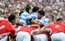 Argentina's lock Matias Alemano (L) reacts in a scrum during the Japan 2019 Rugby World Cup Pool C match between Argentina and Tonga at the Hanazono Rugby Stadium in Higashiosaka on 28 September 2019. Picture: AFP