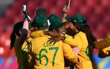 South Africa's players celebrate after their victory against Pakistan during the Twenty20 women's World Cup cricket match between South Africa and Pakistan in Sydney on 1 March 2020. Picture: AFP.
