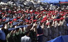 File: Army officers allied with the Houthis attend a rally to mark three years of war on the country, in the capital Sanaa on 26 March 2018. Picture: AFP