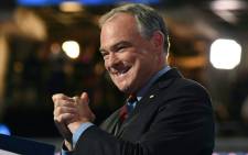 Democratic presidential candidate Tim Kaine acknowledges the audience on Day 3 of the Democratic National Convention at the Wells Fargo Center, July 27, 2016 in Philadelphia, Pennsylvania. Picture: AFP.