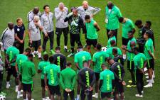 Nigeria's team players gather to pray ahead of a training session of Nigeria's national football team at the Saint Petersburg Stadium on 25 June 2018 on the eve of the Russia 2018 World Cup Group D football match between Nigeria and Argentina. Picture: AFP.
