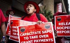 Nehawu workers protest outside one of the Sassa offices in Johannesburg on 10 October 2018. The strike was against Sassa's biometric system for beneficiaries. Picture: Abigail Javier/EWN