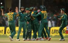 South Africa's Hashim Amla (2L) celebrates with teammates after their victory in the first one day international (ODI) cricket match between India and South Africa at Green Park Stadium in Kanpur on October 11, 2015. Picture: AFP.
