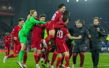 LIverpool players celebrate the penalty shootout win over Leicester City in their English League Cup quarterfinal match at Anfield on 22 December 2021. Picture: @LFC/Twitter