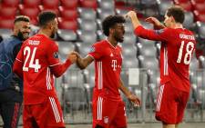 Bayern Munich’s French forward Kingsley Coman celebrates scoring the 4-0 goal with his teamates during the UEFA Champions League Group A football match FC Bayern Munich v Atletico Madrid in Munich, southern Germany on 21 October 2020. Picture: @FCBayernEN/Twitter 