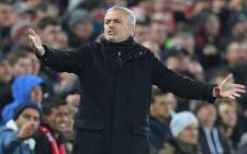 Former Manchester United manager Jose Mourinho gestures on the touchline during the English Premier League football match between Liverpool and Manchester United at Anfield in Liverpool, northwest England on 16 December 2018. Picture: AFP