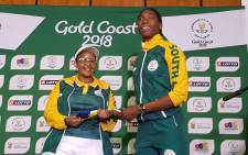 Caster Semenya (right) is congratulated by Sports Minister Tokozile Xasa on her Commonwealth Games performances. Picture: Twitter/@TeamSA18