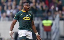 FILE: Aphiwe Dyantyi reacts after scoring a try during the Rugby Championship match between South Africa and Australia at Nelson Mandela Bay Stadium in Port Elizabeth on 29 September 2018. Picture: AFP