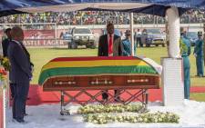 The coffin bearing the late Robert Mugabe’s body arrives at Rufaro Stadium for public viewing. Picture: Thomas Holder/EWN.