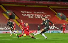 Liverpool's Fabinho blocks a shot by Manchester United's Bruno Fernandes during their English Premier League match at Anfield on 17 January 2021. Picture: @LFC/Twitter 