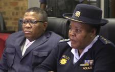 FILE: Police Minister Fikile Mbalula and Gauteng police commissioner Deliwe de Lange (R) in Eldorado Park. Picture: EWN