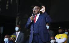 FILE: Former South African President Jacob Zuma addresses his supporters following the postponement of his corruption trial outside the Pietermaritzburg High Court in Pietermaritzburg, South Africa, on 26 May 2021. Picture: Phill Magakoe/AFP