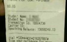FILE: A receipt from a grocery store showing a balance on a Walter Sisulu University student's account of more than R13 million. Picture: Supplied.