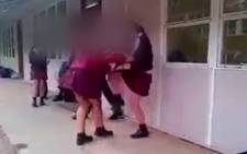 A screengrab from cellphone footage of two high school girls from Pretoria fighting which has gone viral.