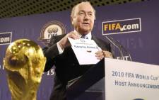 FILE. Fifa President Sepp Blatter announces the 2010 World Cup will be organised by South Africa on 15 May 2004 at the Fifa headquarters in Zurich. Picture: AFP.