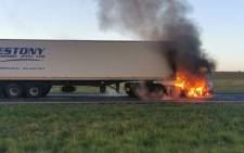 One of two trucks that were on fire on the N12 in Daveyton, Benoni on 25 November 2020. Picture: Via @EWNTraffic/Twitter