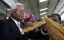 FILE: This picture taken on 19 February 2014 shows Zimbabwe former finance minister Ignatius Chombo inspecting a leaf as he officially opens the annual Zimbabwe tobacco marketing season in Harare at the Tobacco Sales Floors. Picture: AFP.