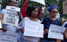 A group protests outside the Tanzanian embassy in Pretoria on 24 October 2017 for the release of activists arrested in Tanzania for 'promoting homosexuality'. Picture: Twitter/@Tumi_06