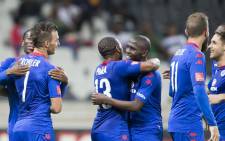 SuperSport United players celebrate after scoring a goal. Picture: Twitter/@SuperSportFC
