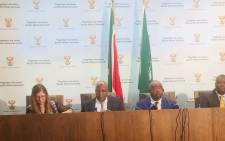 Public Works Minister Thulas Nxesi (2nd from R) and Health Minister Aaron Motsoaledi (2nd from L) at a briefing on 7 September 2018. Picture: GCIS.