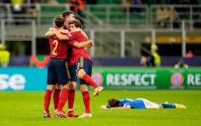 Spain players celebrate their win over Italy in their Uefa Nations League semifinal match on 6 October 2021. Picture: @EURO2024/Twitter