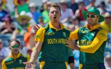 South African bowler Dale Steyn and captain AB de Villiers react after taking the wicket of Australian batsman Nathan Coulter-Nile during the second one-day international (ODI) cricket match of the series between Australia and South Africa in Perth on November 16, 2014. Picture: AFP