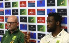 South Africa's captain Siya Kolisi (R) and head coach Jacques Nienaber attend a press conference after the Rugby Championship match against Australia on 12 September 2021. Picture: AFP