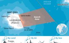 Map of La Reunion and surrounding waters, showing the search zone for MH370 debris.