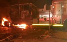 A fire engine was stoned and set then alight in Soweto on 5 August 2015. Picture: Supplied