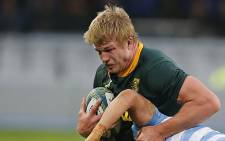Springbok lock Pieter-Steph du Toit contests for the ball with his Argentine opponent during a 2018 Rugby Championship match. Picture: AFP