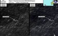This combo of handout images taken by satellite image provider DigitalGlobe shows satellite images of objects in the Indian Ocean which may be from missing Malaysia Airlines flight MH370. Picture: AFP/Australian Defence via Australian Maritime Safety Authority.