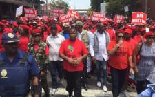 EFF leader Julius Malema walks ahead of party members as they march on the Constitutional Court on Tuesday 9 February 2016. Picture: Vumani Mkhize/EWN.