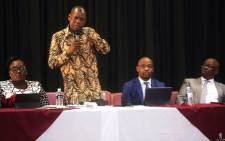 From left: KZN Health MEC Nomagugu Simelane-Zulu, Health Minister Zweli Mkhize and KZN Education MEC Kwazi Mshengu speak to the parents of Cowan House Prep and principals in the Mgungundlovu District on 6 March 2020. A parent at the school is the first person in South Africa to be diagnosed with the coronavirus. Picture: @DBE_KZN/Twitter