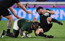 FILE: New Zealand's flanker Ardie Savea (R) is tackled by South Africa's prop Trevor Nyakane during the 2019 Rugby World Cup Pool B match between New Zealand and South Africa at the International Stadium Yokohama in Yokohama, Japan on 21 September 2019. Picture: AFP