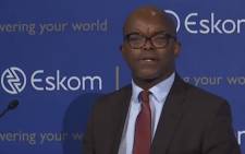 Eskom CEO Phakamani Hadebe briefs the media at the power utility’s head office in Megawatt Park in Sunninghill. Picture: Youtube screengrab. 

