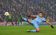 Manchester City’s Argentinian striker Sergio Aguero shoots at goal during the UEFA Champions League Group E football match between Manchester City and CSKA Moscow. Picture: AFP.