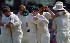 Australia's cricketers celebrate their 5-0 victory in the Ashes Test Cricket series against England at the Sydney Cricket Ground on January 5, 2014. Picture: AFP.