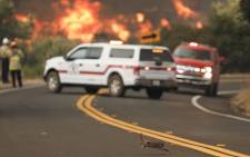 A rabbit crosses the road with flames from a brush fire along Japatul Road during the Valley Fire in Jamul, California on 6 September 2020 The Valley Fire in the Japatul Valley burned 4,000 acres overnight with no containment and 10 structures destroyed, Cal Fire San Diego said. Picture: AFP. 
