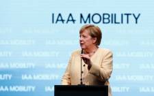 German Chancellor Angela Merkel speaks at the International Motor Show (IAA) Germany, on 7 September 2021 in Munich, southern Germany. Picture: Michaela Rehle/AFP