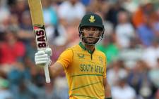 South Africa's Reeza Hendricks raises his bat after scoring a 50 in the T20 International match against Ireland in Bristol on 3 August 2022. Picture: @OfficialCSA/Twitter