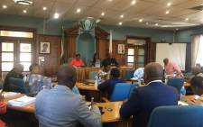 Background from left: Lesedi Municipality manager Gugu Thimane, (M) Mayor Lerato Maloka and Speaker Mluleki Nkosi preside over a council meeting on 27 February 2020. Picture: Edwin Ntshidi/EWN