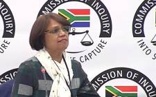 A screengrab shows SAA's former head of treasury Cynthia Stimpel at the state capture inquiry on 13 June 2019. 
