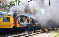 FILE: A Metrorail train set alight in Firgrove, Cape Town. Picture: Supplied.

