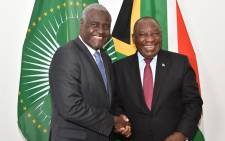 African Union commission head Moussa Faki Mahamat and President Cyril Ramaphosa. Picture: @PresidencyZA/Twitter