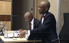 Sars group executive Luther Lebelo (left) with Advocate Thabiso Machaba (right) at the Nugent commission of inquiry on 22 October 2018. Picture: Barry Bateman/EWN