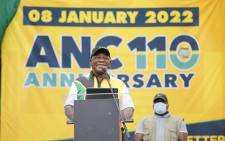 ANC President Cyril Ramaphosa speaks during the ANC's 110th anniversary celebrations at the Old Peter Mokaba Stadium in Polokwane, on 8 January 2022. Picture: Phill Magakoe/AFP