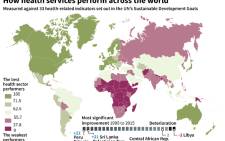 Map ranking countries’ health services according to a study publised in The Lancet.
