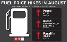 The fuel price goes up on 4 August 2021. Here's how much more motorists can expect to pay at the pumps. Picture: Eyewitness News